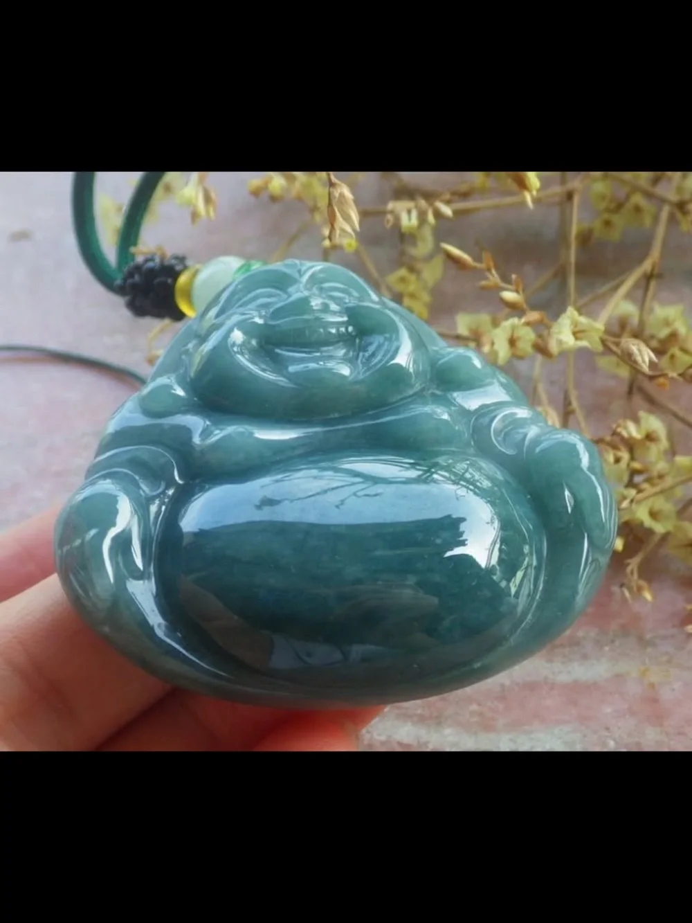 Certificate Jadeite Jade Dark Green Pendant luck Laughing Buddha god